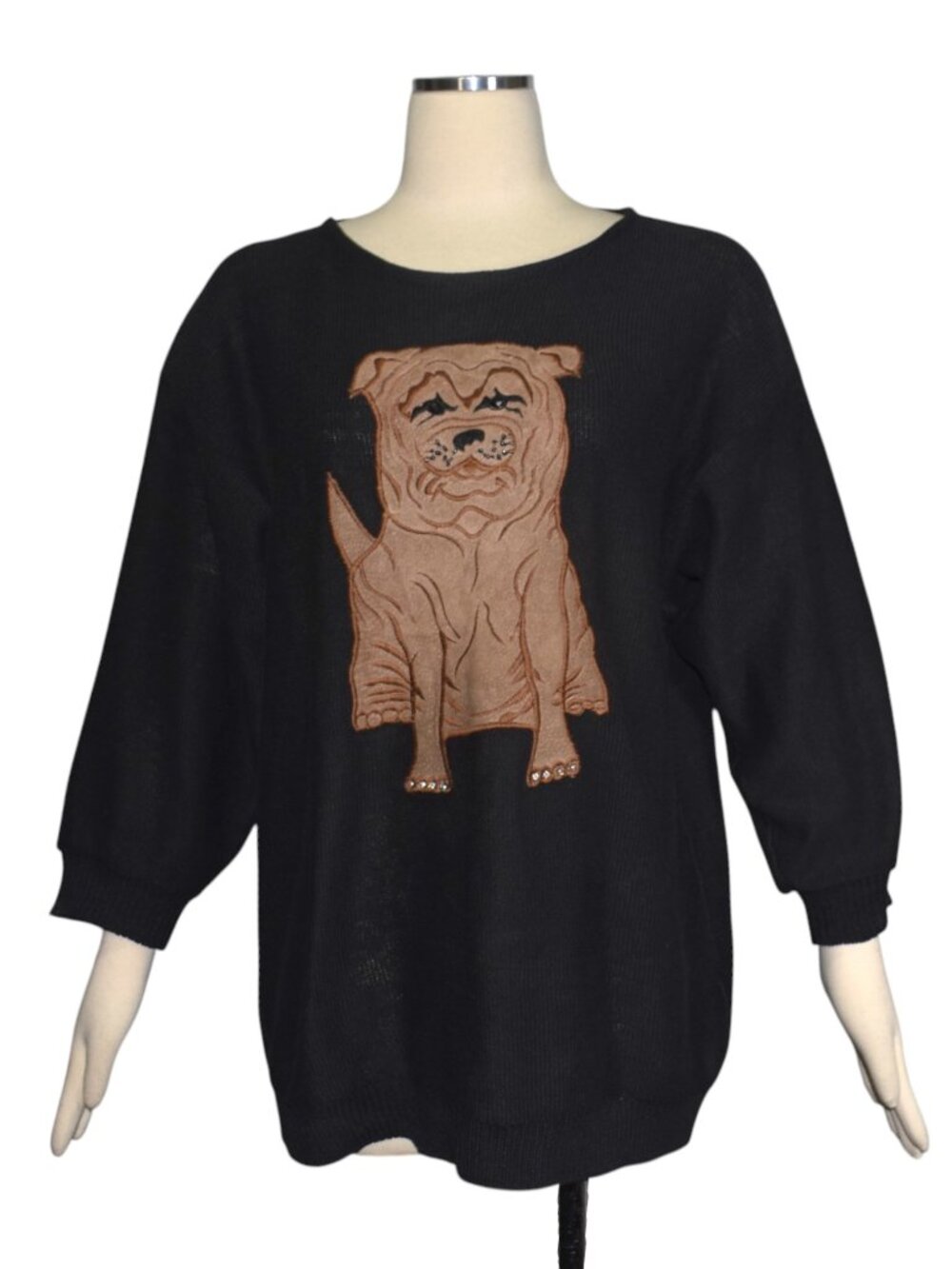 Vintage 90s Shar Pei Dog Leather Applique Sweater Andriano by I. Fatigati L